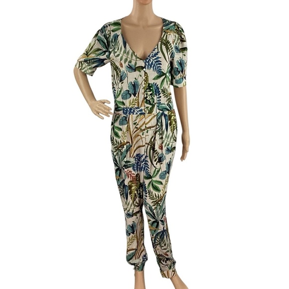 Chaser Tropical Botanical Print Button Front Short Sleeve Jumpsuit S - Picture 1 of 6